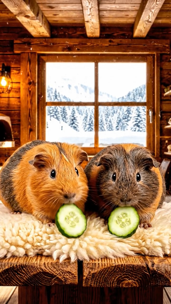 2010. Realistic depiction of 2 smooth-haired Skinny guinea pigs in orange and gray colors, chewing on cucumber slices, inside a cozy alpine chalet with wooden beams and snow outside windows.