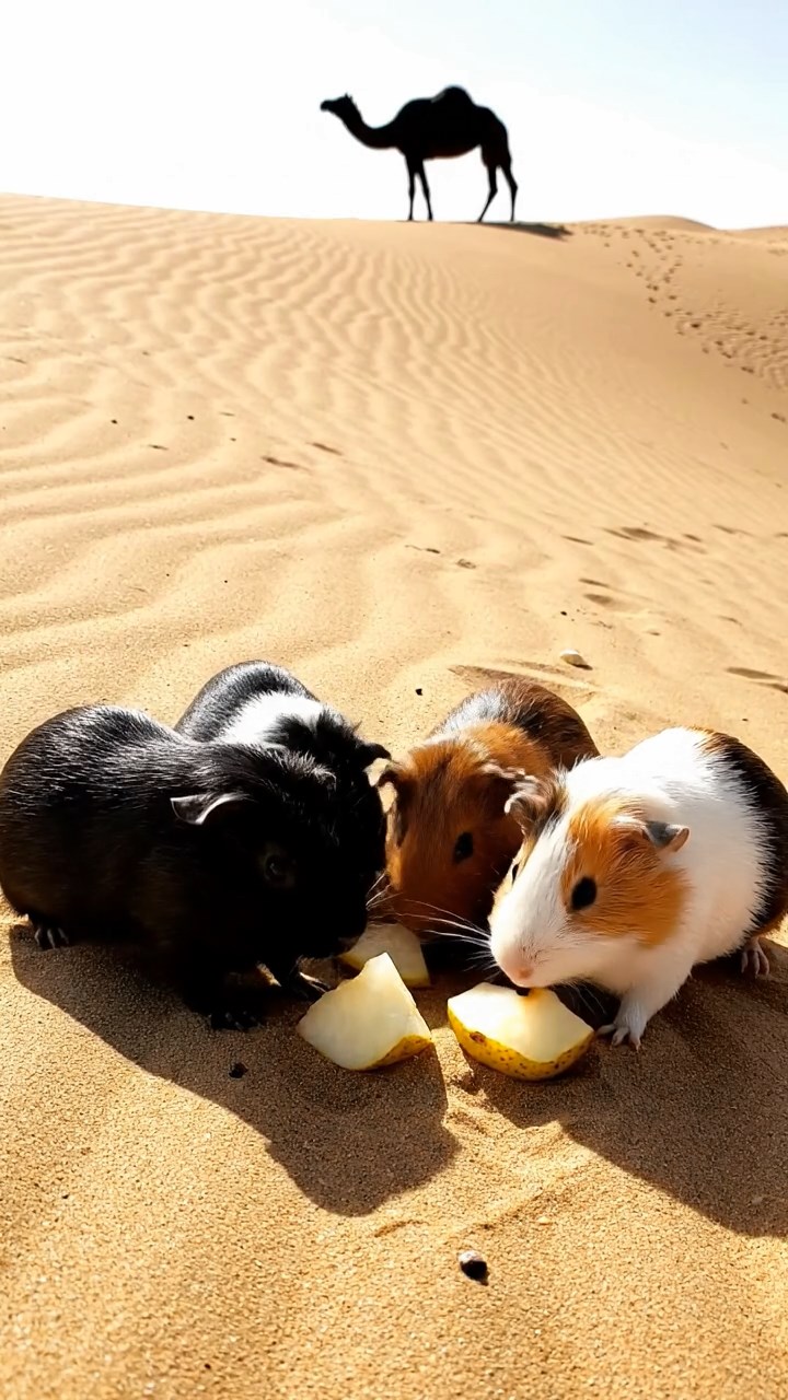 2011. Detailed realistic image of 5 smooth-haired American guinea pigs with black, brown, and cream fur, sharing pear chunks, on a vast desert sand dune with rippling patterns and a camel silhouette.