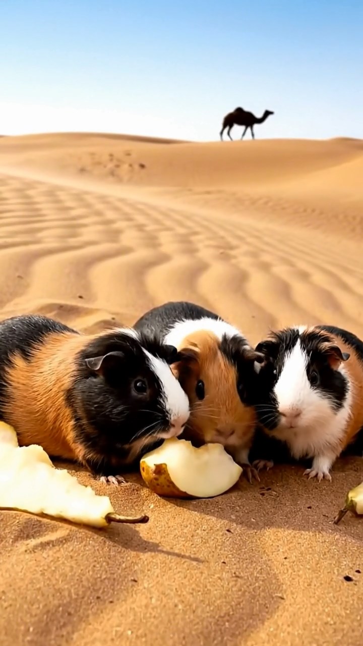 2011. Detailed realistic image of 5 smooth-haired American guinea pigs with black, brown, and cream fur, sharing pear chunks, on a vast desert sand dune with rippling patterns and a camel silhouette.