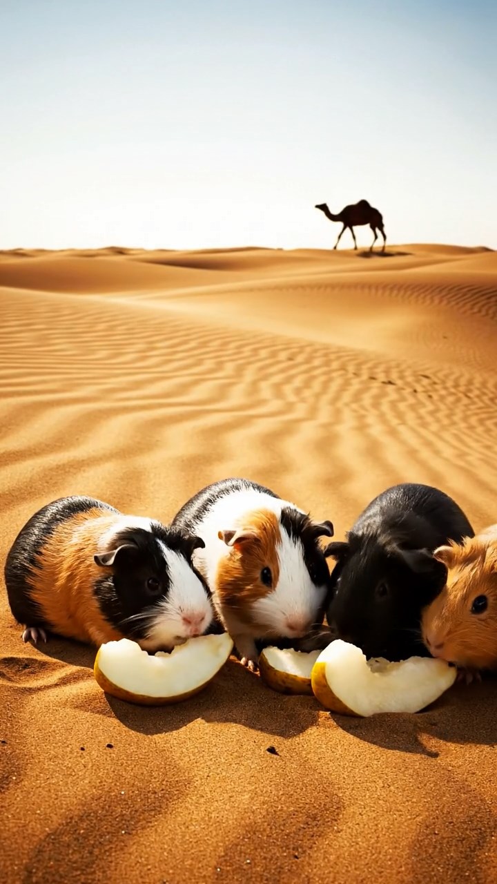 2011. Detailed realistic image of 5 smooth-haired American guinea pigs with black, brown, and cream fur, sharing pear chunks, on a vast desert sand dune with rippling patterns and a camel silhouette.