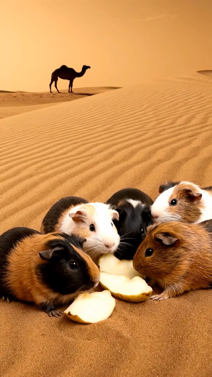 2011. Detailed realistic image of 5 smooth-haired American guinea pigs with black, brown, and cream fur, sharing pear chunks, on a vast desert sand dune with rippling patterns and a camel silhouette.