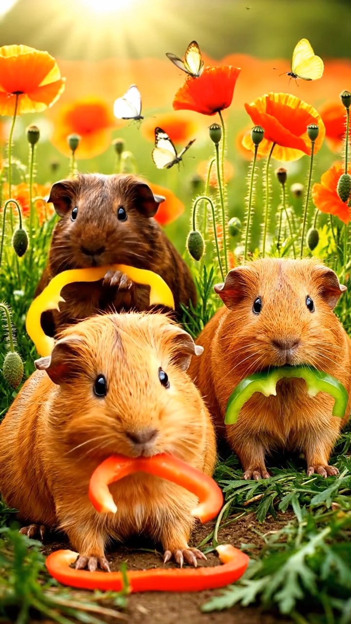2012. Photorealistic scene of 3 smooth-haired Abyssinian guinea pigs featuring fawn, chocolate, and cinnamon coats, munching on bell pepper strips, in a sunlit poppy field meadow with butterflies and gentle breezes.