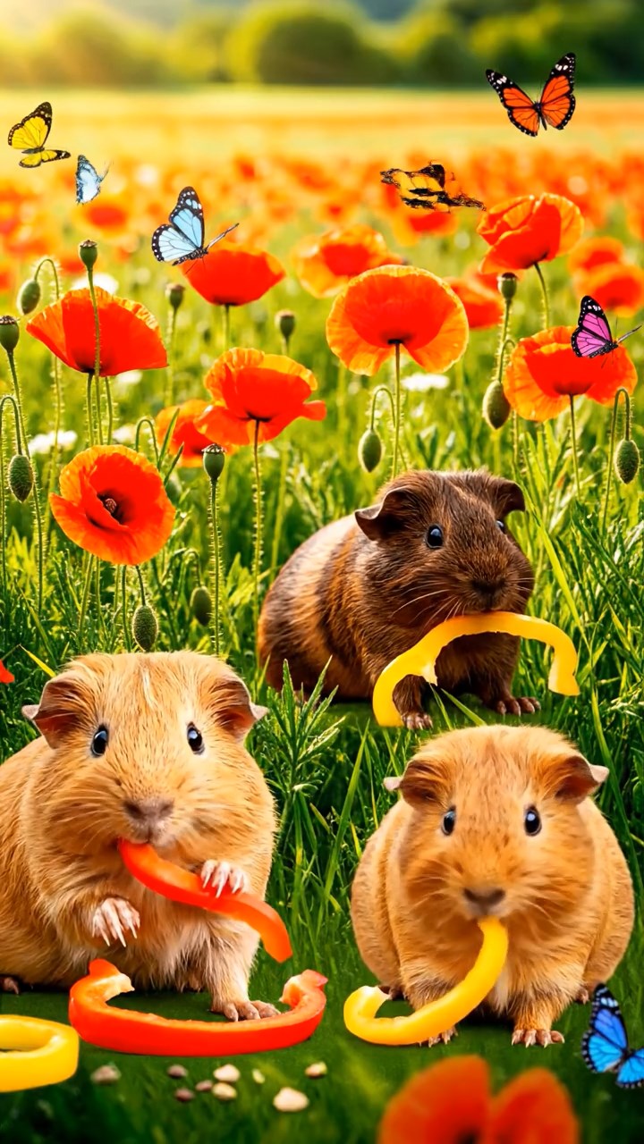 2012. Photorealistic scene of 3 smooth-haired Abyssinian guinea pigs featuring fawn, chocolate, and cinnamon coats, munching on bell pepper strips, in a sunlit poppy field meadow with butterflies and gentle breezes.