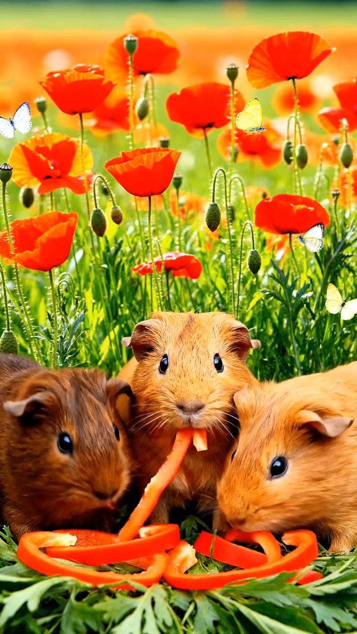 2012. Photorealistic scene of 3 smooth-haired Abyssinian guinea pigs featuring fawn, chocolate, and cinnamon coats, munching on bell pepper strips, in a sunlit poppy field meadow with butterflies and gentle breezes.