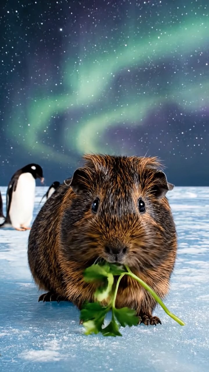 2013. Realistic photo of 1 smooth-haired Peruvian guinea pig with sable fur, eating fresh parsley, on a icy polar ice shelf with penguins in the background and aurora skies.