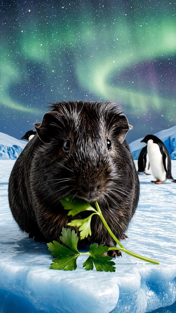 2013. Realistic photo of 1 smooth-haired Peruvian guinea pig with sable fur, eating fresh parsley, on a icy polar ice shelf with penguins in the background and aurora skies.