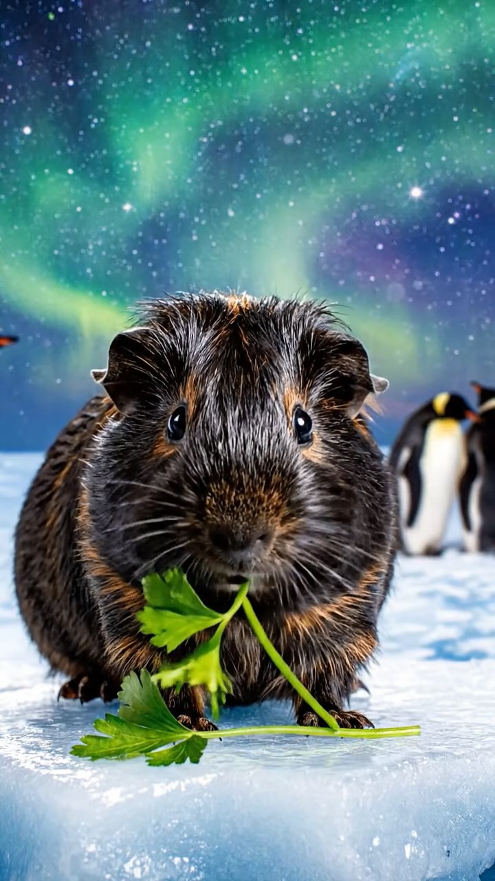 2013. Realistic photo of 1 smooth-haired Peruvian guinea pig with sable fur, eating fresh parsley, on a icy polar ice shelf with penguins in the background and aurora skies.