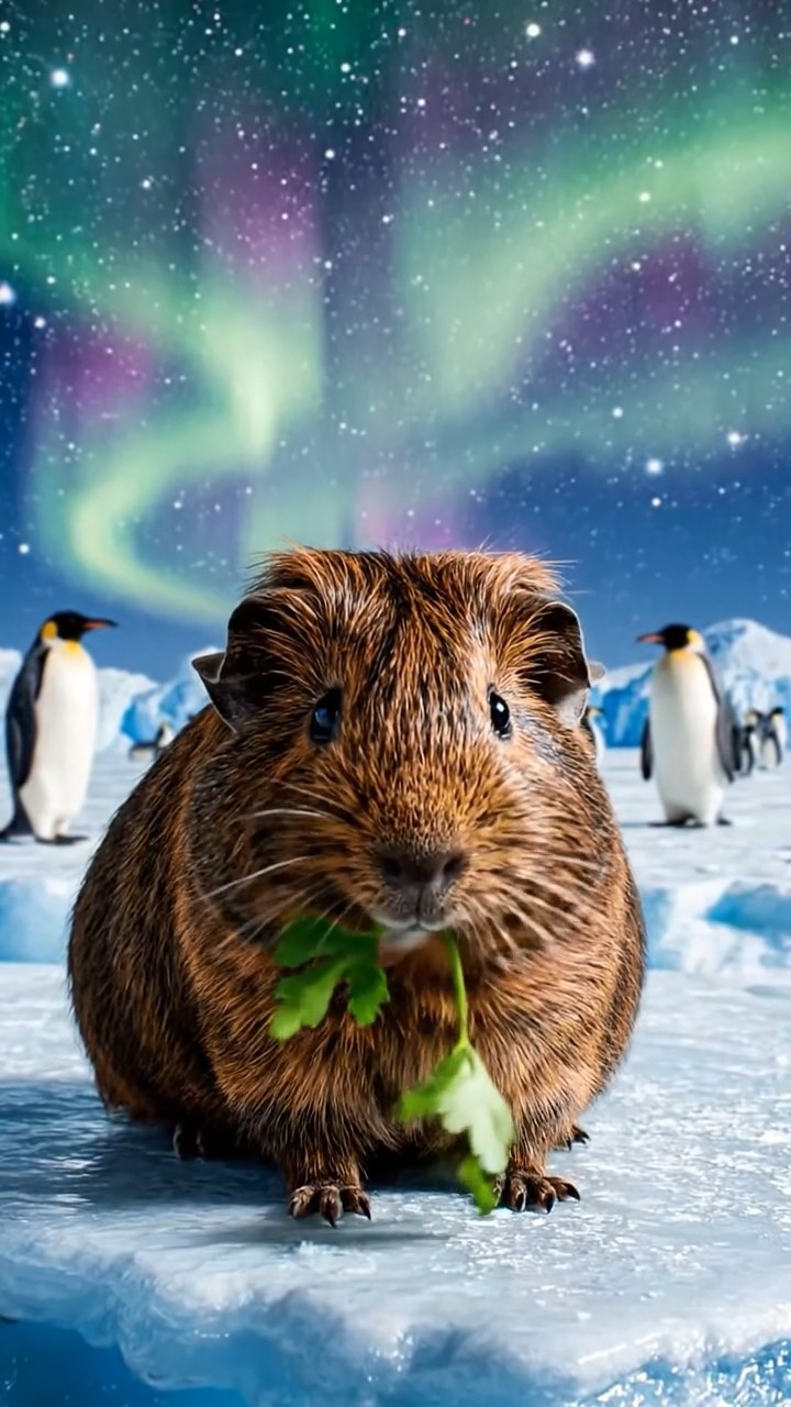 2013. Realistic photo of 1 smooth-haired Peruvian guinea pig with sable fur, eating fresh parsley, on a icy polar ice shelf with penguins in the background and aurora skies.