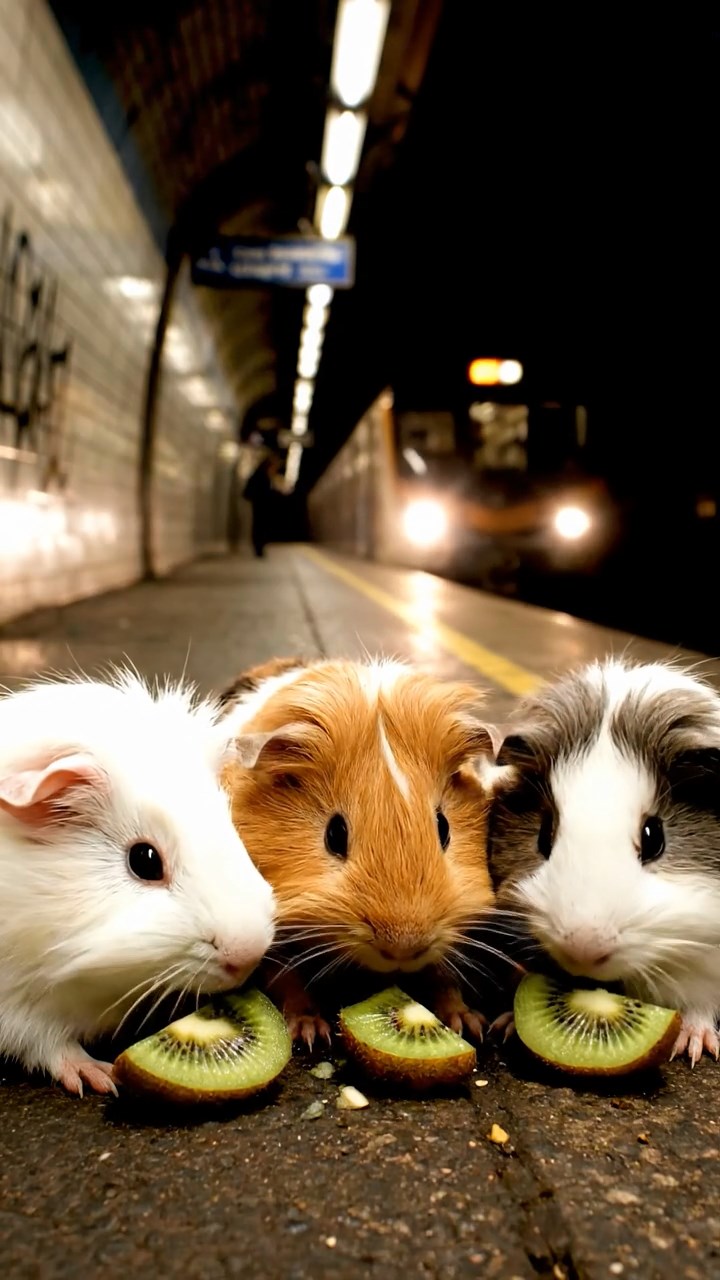 2014. Highly detailed view of 4 smooth-haired Silkie guinea pigs with white, orange, and gray fur, nibbling on kiwi fruit, in a dimly lit subway station platform with tiled walls and arriving trains.