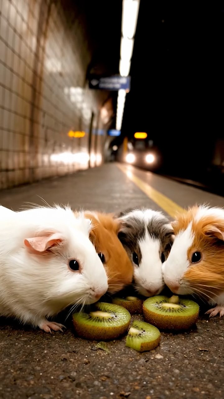 2014. Highly detailed view of 4 smooth-haired Silkie guinea pigs with white, orange, and gray fur, nibbling on kiwi fruit, in a dimly lit subway station platform with tiled walls and arriving trains.