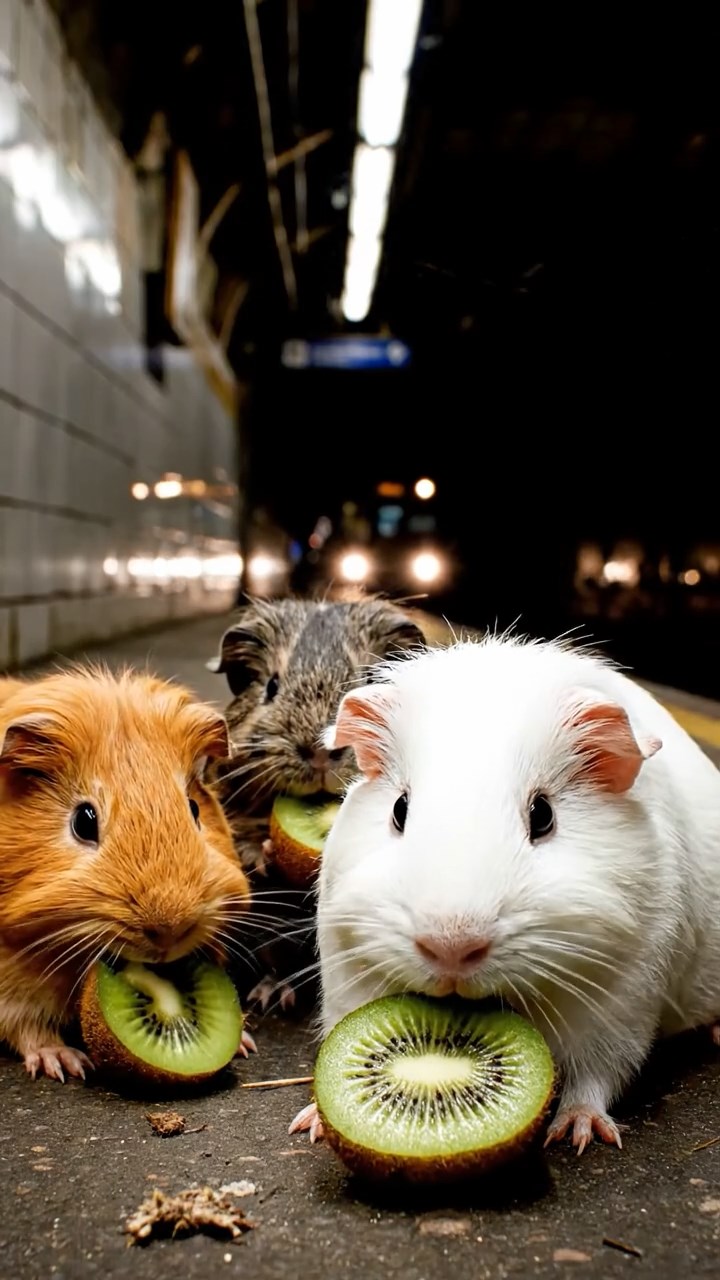 2014. Highly detailed view of 4 smooth-haired Silkie guinea pigs with white, orange, and gray fur, nibbling on kiwi fruit, in a dimly lit subway station platform with tiled walls and arriving trains.