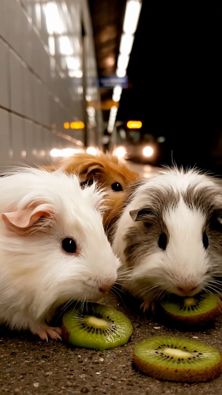 2014. Highly detailed view of 4 smooth-haired Silkie guinea pigs with white, orange, and gray fur, nibbling on kiwi fruit, in a dimly lit subway station platform with tiled walls and arriving trains.