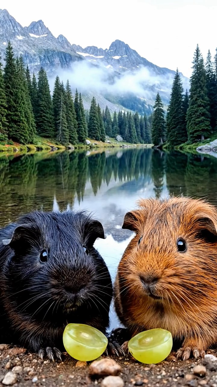 2015. Photorealistic image of 2 smooth-haired Teddy guinea pigs in black and brown colors, enjoying grape halves, by a calm mountain lake shore with pine reflections and misty mornings.