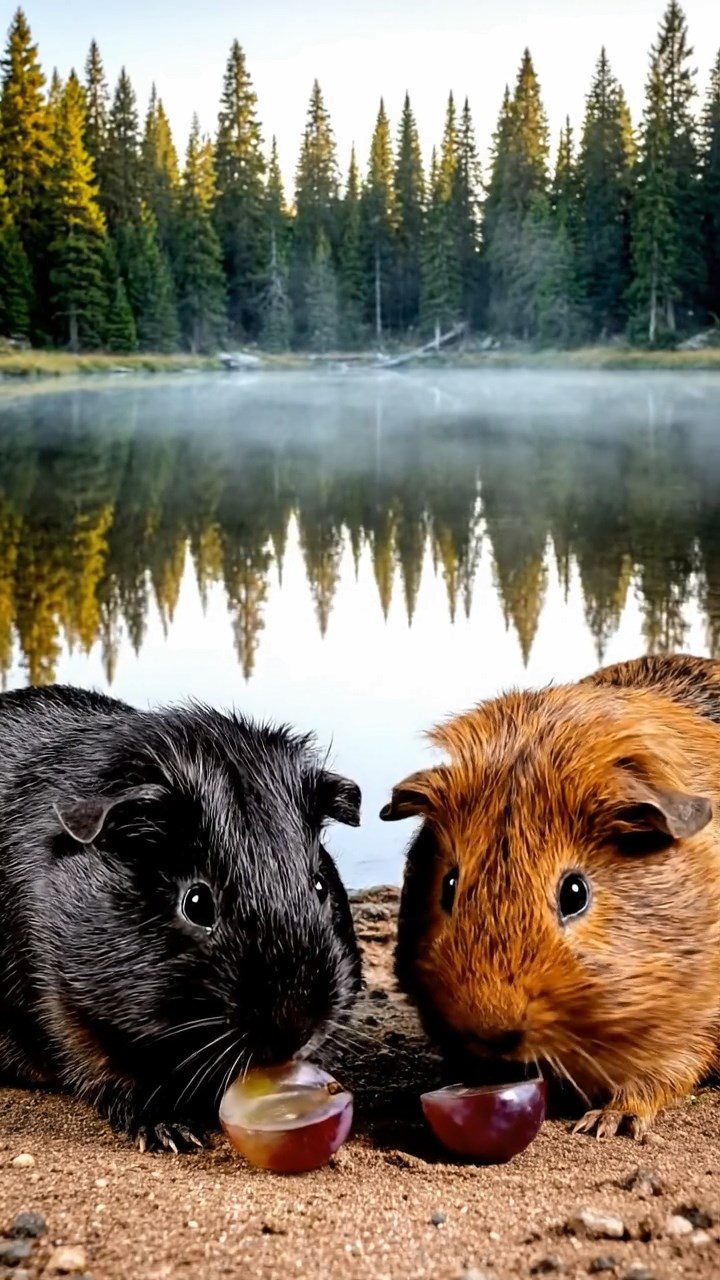 2015. Photorealistic image of 2 smooth-haired Teddy guinea pigs in black and brown colors, enjoying grape halves, by a calm mountain lake shore with pine reflections and misty mornings.