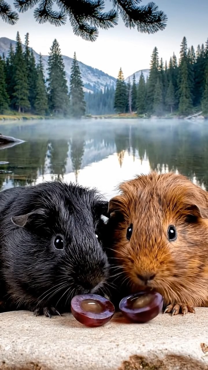 2015. Photorealistic image of 2 smooth-haired Teddy guinea pigs in black and brown colors, enjoying grape halves, by a calm mountain lake shore with pine reflections and misty mornings.