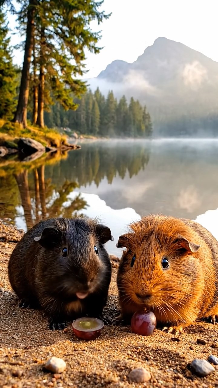2015. Photorealistic image of 2 smooth-haired Teddy guinea pigs in black and brown colors, enjoying grape halves, by a calm mountain lake shore with pine reflections and misty mornings.