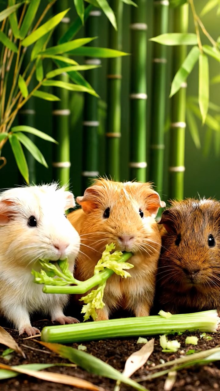 2016. Realistic depiction of 3 smooth-haired Texel guinea pigs with cream, fawn, and chocolate fur, chewing on celery stalks, in a dense exotic bamboo grove with sunlight filtering through leaves.