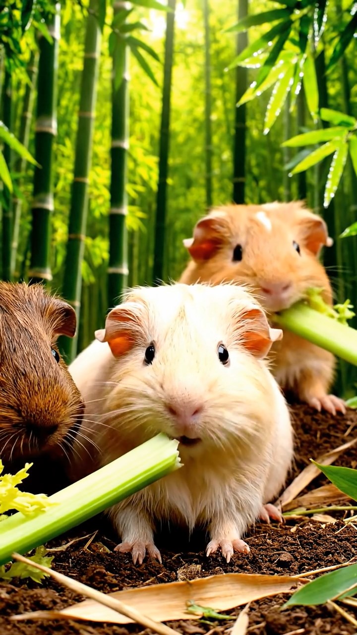 2016. Realistic depiction of 3 smooth-haired Texel guinea pigs with cream, fawn, and chocolate fur, chewing on celery stalks, in a dense exotic bamboo grove with sunlight filtering through leaves.