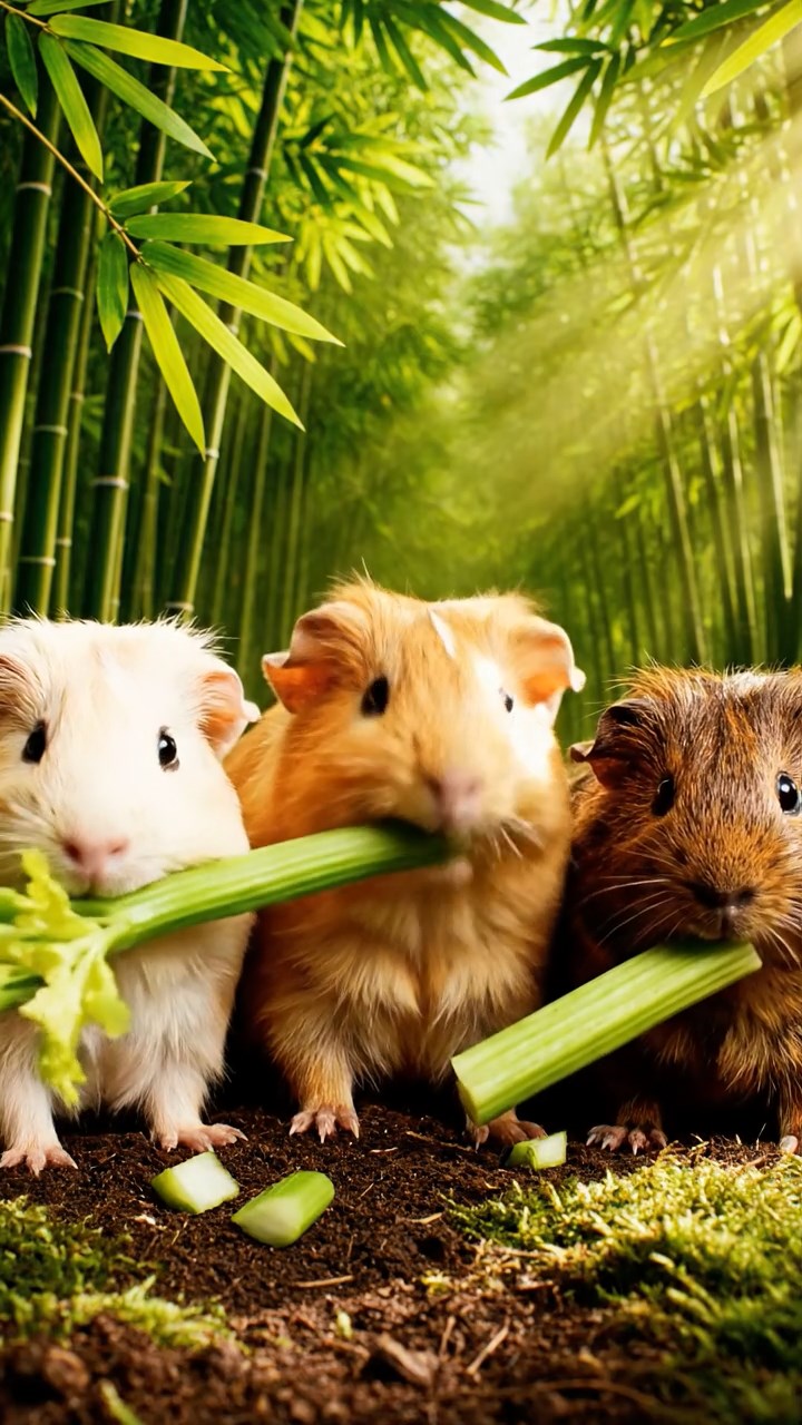 2016. Realistic depiction of 3 smooth-haired Texel guinea pigs with cream, fawn, and chocolate fur, chewing on celery stalks, in a dense exotic bamboo grove with sunlight filtering through leaves.