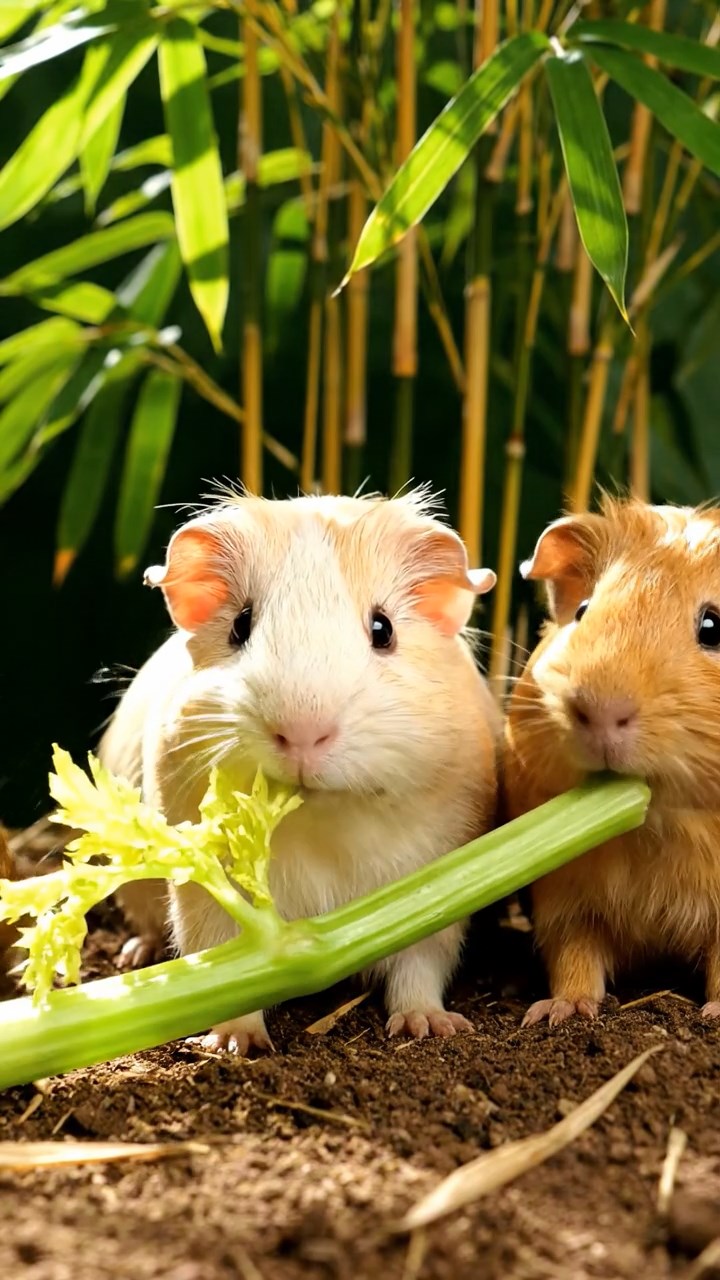 2016. Realistic depiction of 3 smooth-haired Texel guinea pigs with cream, fawn, and chocolate fur, chewing on celery stalks, in a dense exotic bamboo grove with sunlight filtering through leaves.