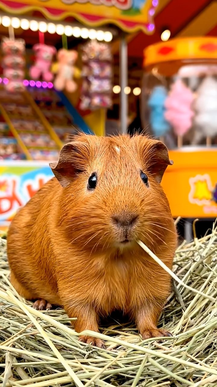 2017. Detailed scene of 1 smooth-haired Rex guinea pig with cinnamon fur, munching on timothy hay, at a colorful fairground stall with game booths and cotton candy.