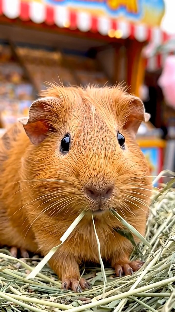 2017. Detailed scene of 1 smooth-haired Rex guinea pig with cinnamon fur, munching on timothy hay, at a colorful fairground stall with game booths and cotton candy.
