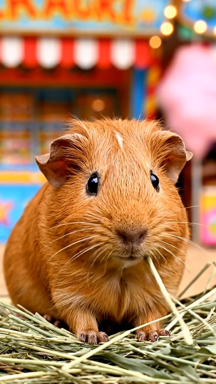 2017. Detailed scene of 1 smooth-haired Rex guinea pig with cinnamon fur, munching on timothy hay, at a colorful fairground stall with game booths and cotton candy.