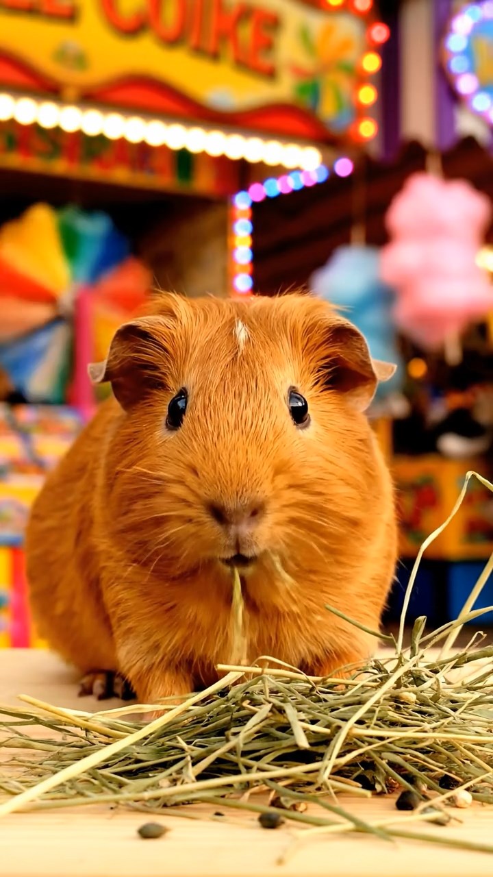 2017. Detailed scene of 1 smooth-haired Rex guinea pig with cinnamon fur, munching on timothy hay, at a colorful fairground stall with game booths and cotton candy.