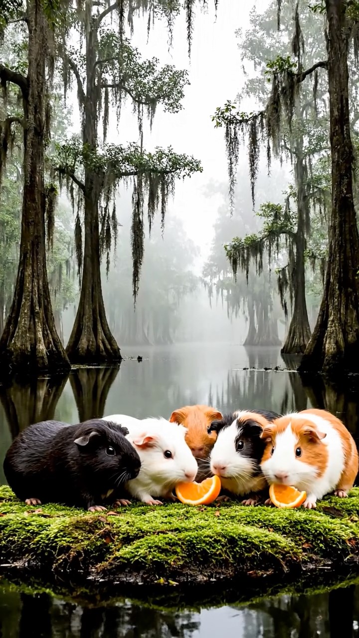2018. Photorealistic photo of 5 smooth-haired Coronet guinea pigs featuring sable, white, and orange coats, sharing orange segments, in a foggy southern bayou with twisted cypress trees.