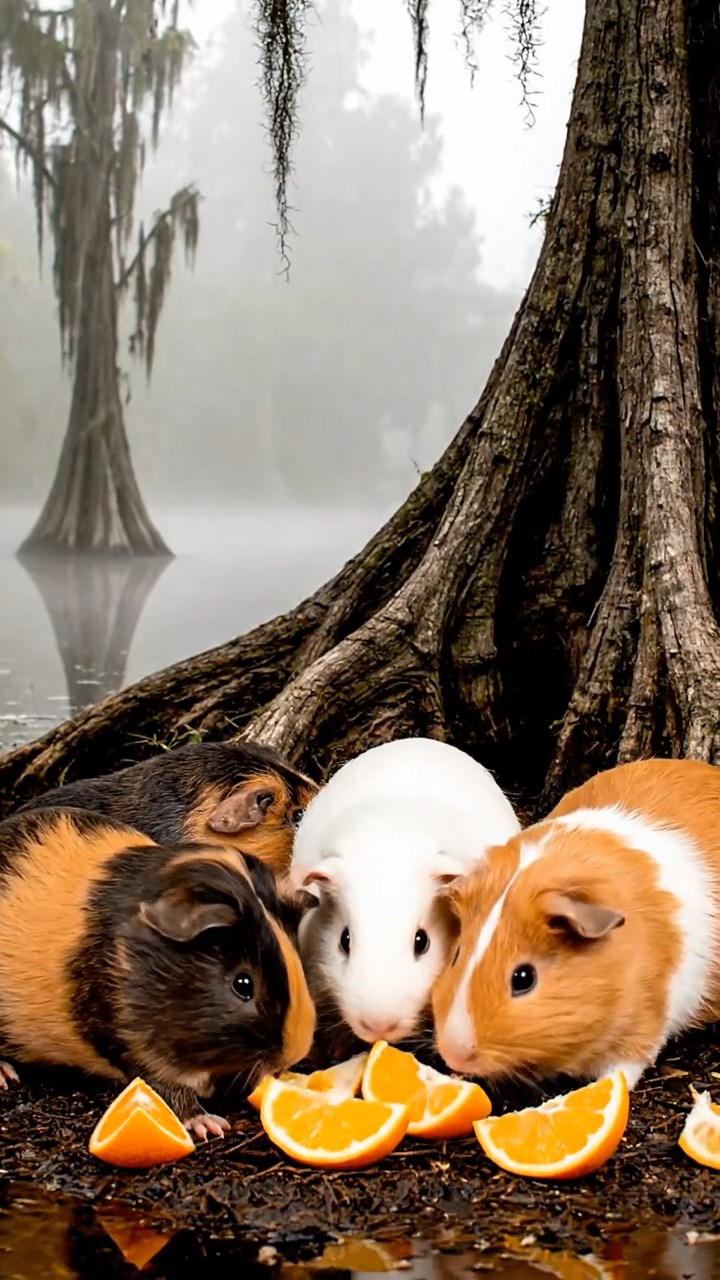 2018. Photorealistic photo of 5 smooth-haired Coronet guinea pigs featuring sable, white, and orange coats, sharing orange segments, in a foggy southern bayou with twisted cypress trees.