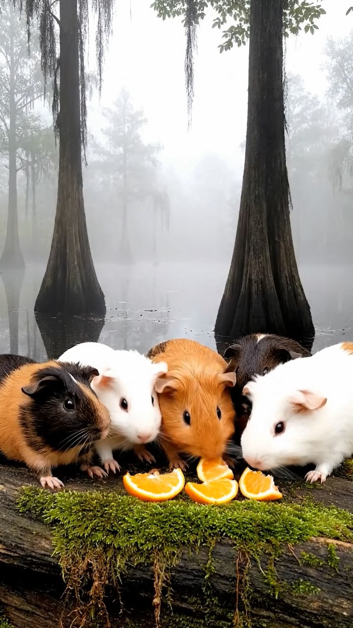 2018. Photorealistic photo of 5 smooth-haired Coronet guinea pigs featuring sable, white, and orange coats, sharing orange segments, in a foggy southern bayou with twisted cypress trees.