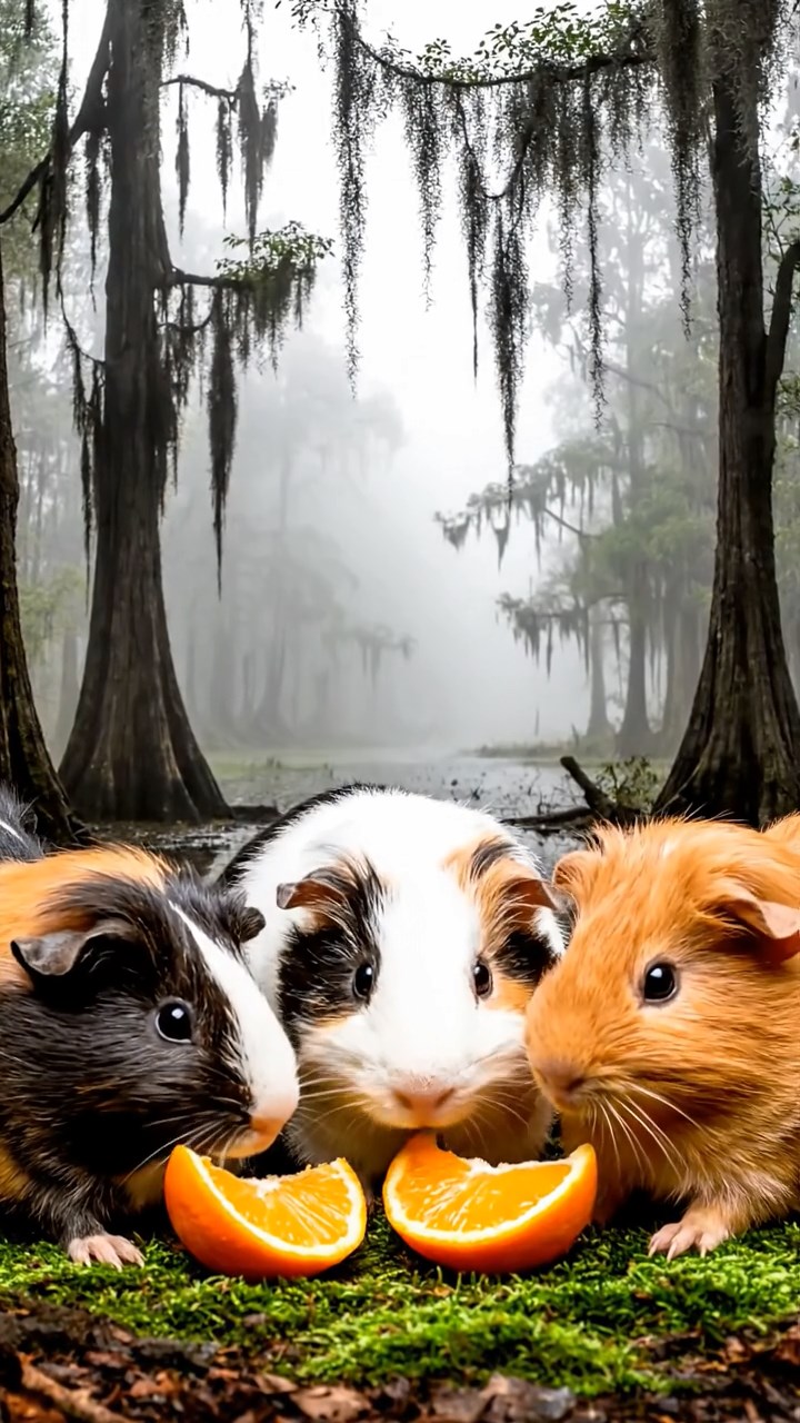 2018. Photorealistic photo of 5 smooth-haired Coronet guinea pigs featuring sable, white, and orange coats, sharing orange segments, in a foggy southern bayou with twisted cypress trees.