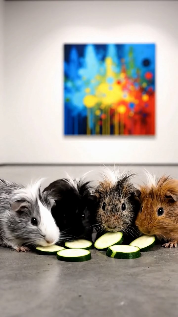 2019. Realistic image of 4 smooth-haired White Crested guinea pigs with gray, black, and brown fur, eating zucchini slices, inside a sleek modern gallery space with abstract artworks.