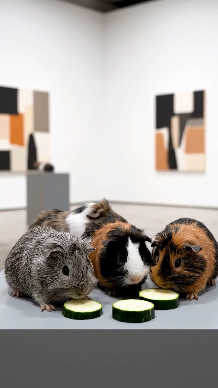 2019. Realistic image of 4 smooth-haired White Crested guinea pigs with gray, black, and brown fur, eating zucchini slices, inside a sleek modern gallery space with abstract artworks.