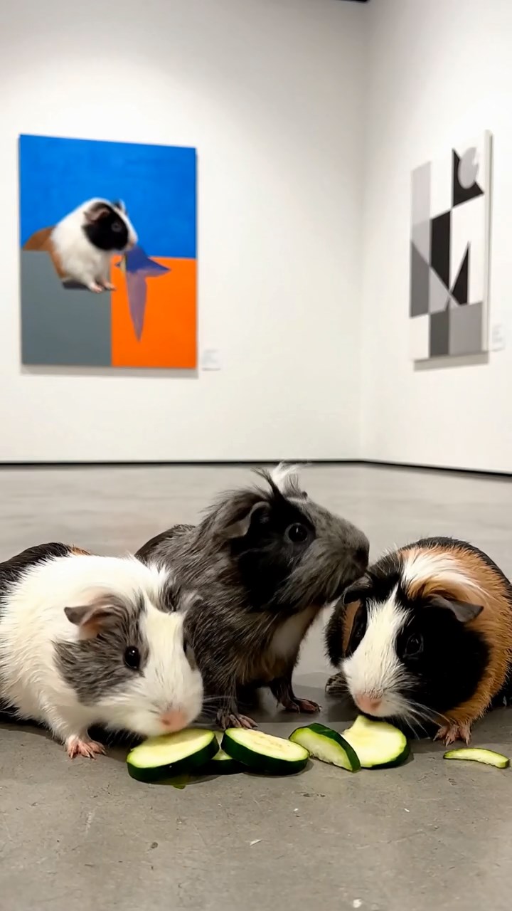 2019. Realistic image of 4 smooth-haired White Crested guinea pigs with gray, black, and brown fur, eating zucchini slices, inside a sleek modern gallery space with abstract artworks.