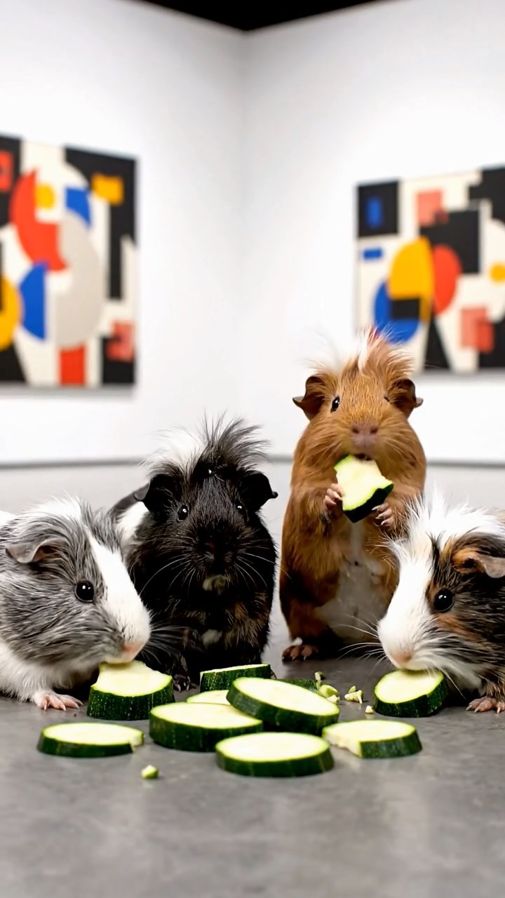 2019. Realistic image of 4 smooth-haired White Crested guinea pigs with gray, black, and brown fur, eating zucchini slices, inside a sleek modern gallery space with abstract artworks.