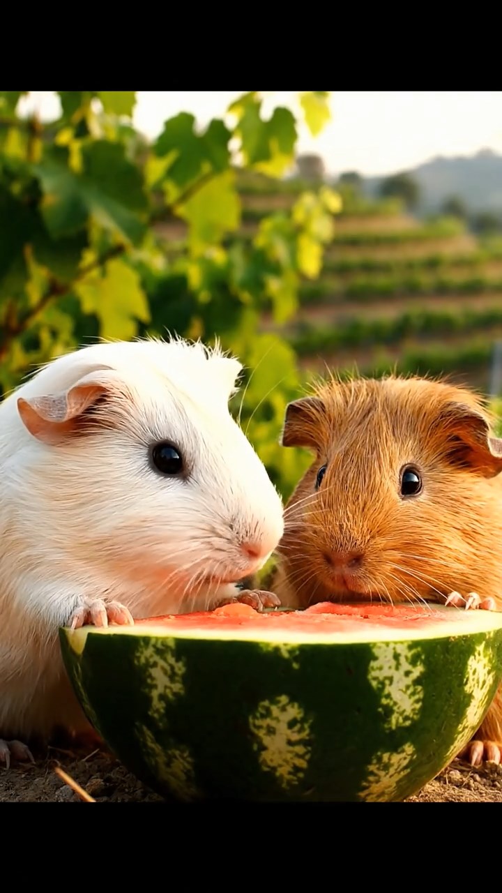 2020. Highly detailed view of 2 smooth-haired Skinny guinea pigs in cream and fawn colors, nibbling on watermelon rind, on a rolling vineyard hillside with grapevines and terraced fields.