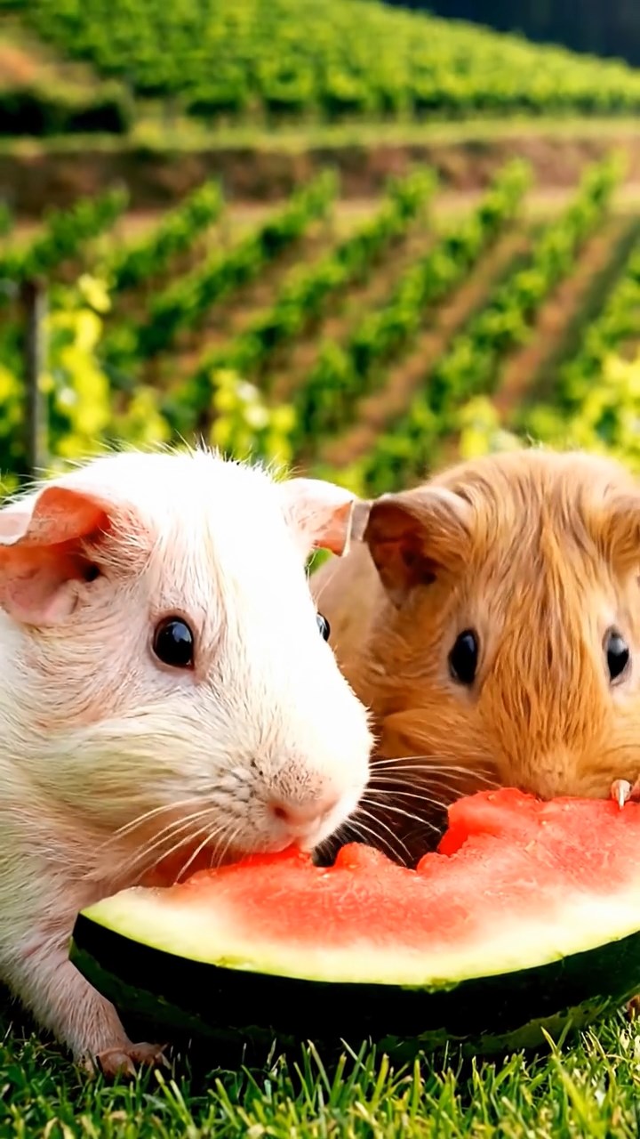 2020. Highly detailed view of 2 smooth-haired Skinny guinea pigs in cream and fawn colors, nibbling on watermelon rind, on a rolling vineyard hillside with grapevines and terraced fields.