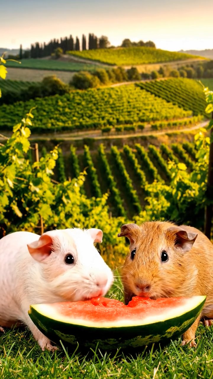 2020. Highly detailed view of 2 smooth-haired Skinny guinea pigs in cream and fawn colors, nibbling on watermelon rind, on a rolling vineyard hillside with grapevines and terraced fields.