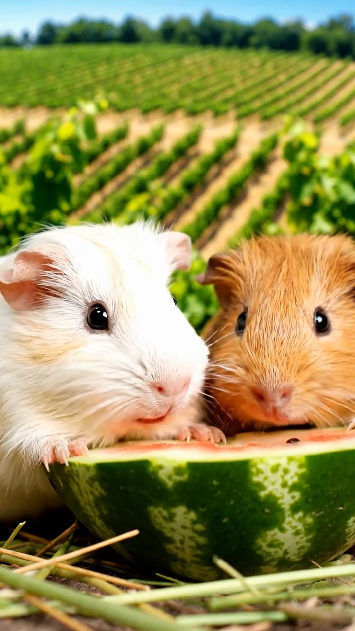 2020. Highly detailed view of 2 smooth-haired Skinny guinea pigs in cream and fawn colors, nibbling on watermelon rind, on a rolling vineyard hillside with grapevines and terraced fields.