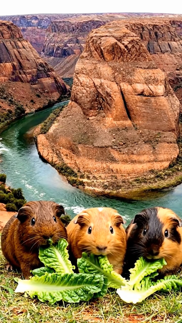2021. Photorealistic scene of 3 smooth-haired American guinea pigs with chocolate, cinnamon, and sable fur, chewing on romaine lettuce, in a dramatic rocky canyon with layered strata and a flowing river.