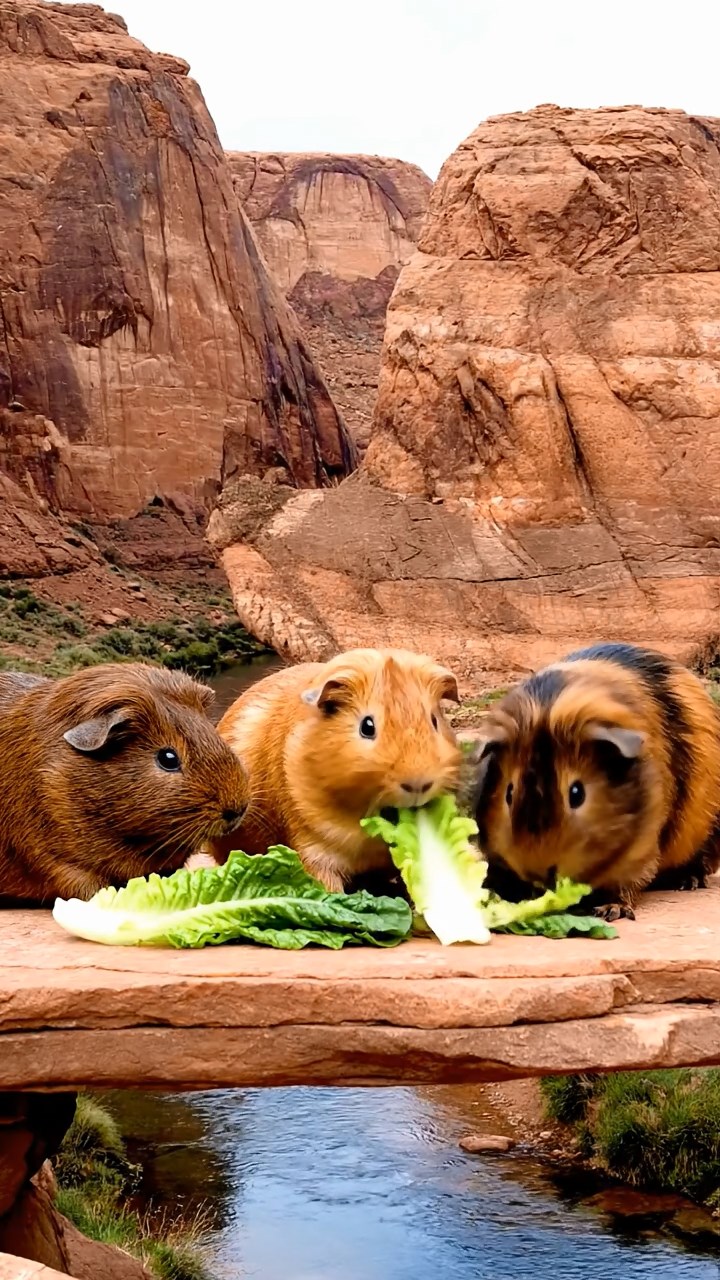 2021. Photorealistic scene of 3 smooth-haired American guinea pigs with chocolate, cinnamon, and sable fur, chewing on romaine lettuce, in a dramatic rocky canyon with layered strata and a flowing river.