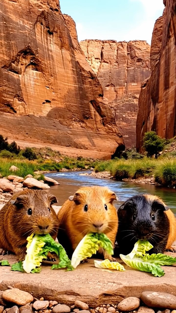 2021. Photorealistic scene of 3 smooth-haired American guinea pigs with chocolate, cinnamon, and sable fur, chewing on romaine lettuce, in a dramatic rocky canyon with layered strata and a flowing river.