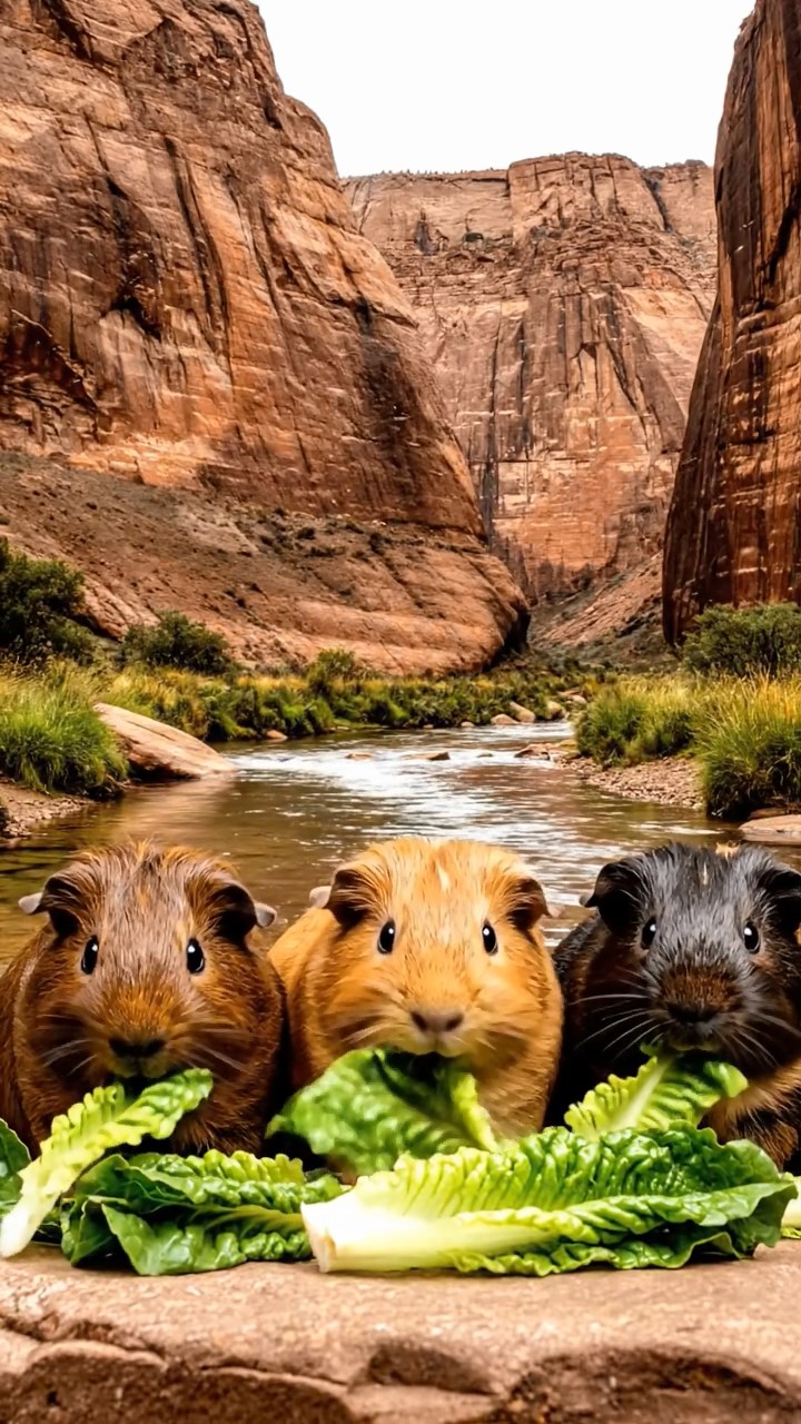 2021. Photorealistic scene of 3 smooth-haired American guinea pigs with chocolate, cinnamon, and sable fur, chewing on romaine lettuce, in a dramatic rocky canyon with layered strata and a flowing river.