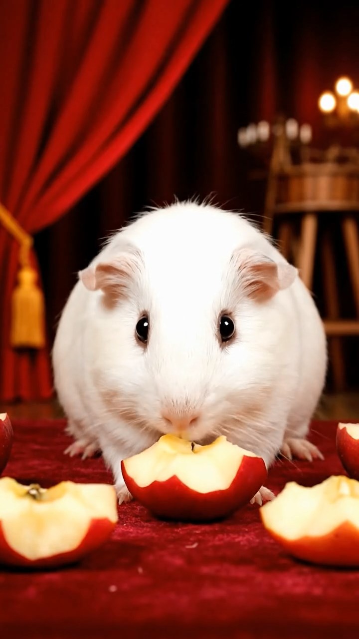 2022. Realistic depiction of 1 smooth-haired Abyssinian guinea pig with white fur, munching on apple cores, on a lavish theater stage wing with velvet curtains and props.