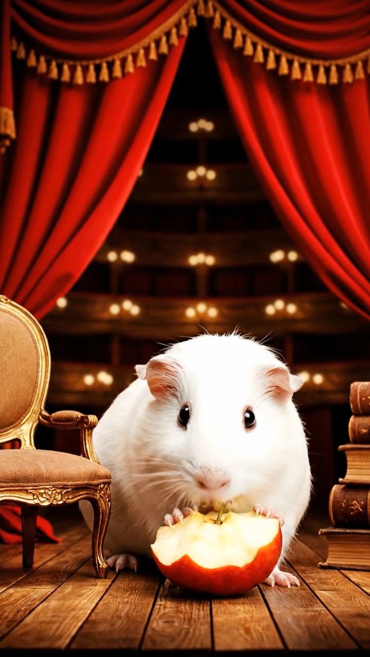 2022. Realistic depiction of 1 smooth-haired Abyssinian guinea pig with white fur, munching on apple cores, on a lavish theater stage wing with velvet curtains and props.