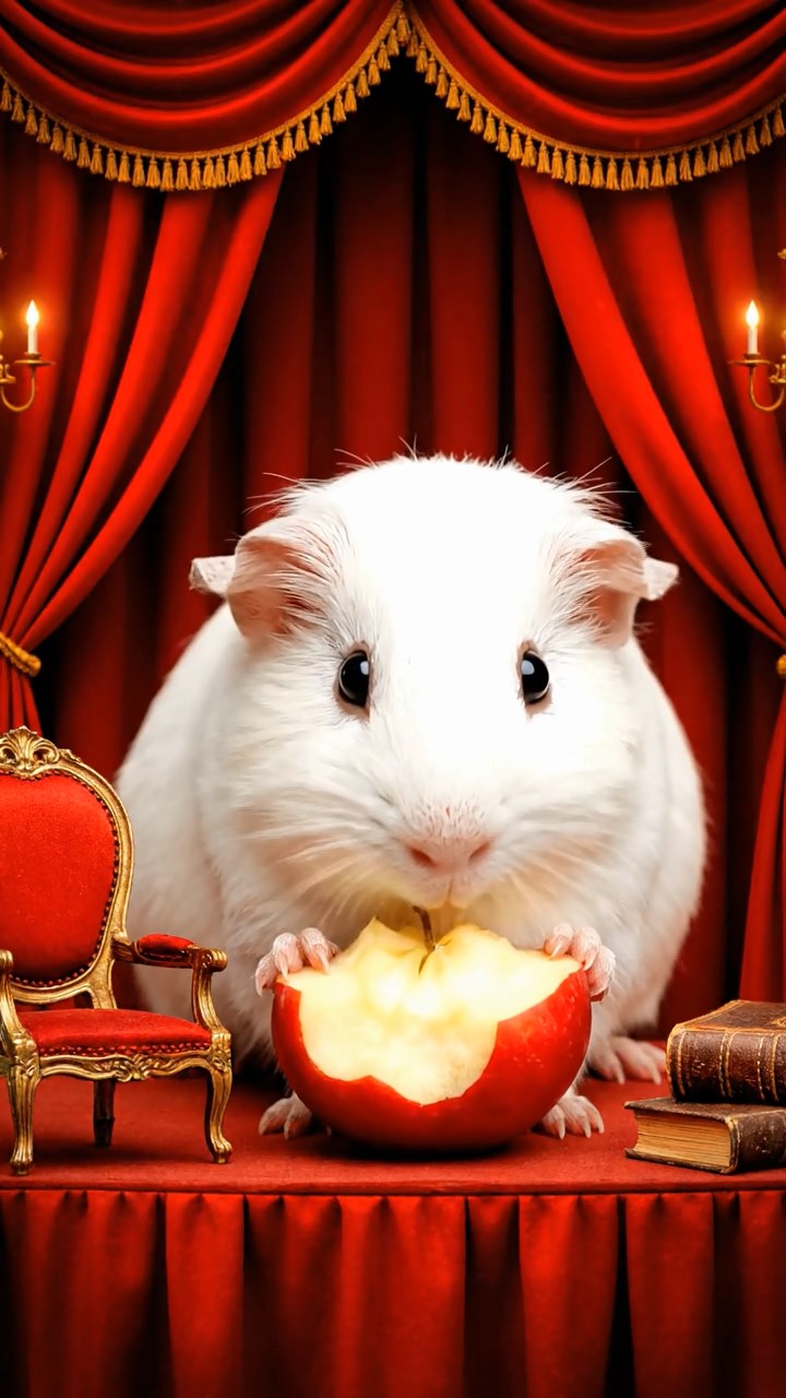 2022. Realistic depiction of 1 smooth-haired Abyssinian guinea pig with white fur, munching on apple cores, on a lavish theater stage wing with velvet curtains and props.