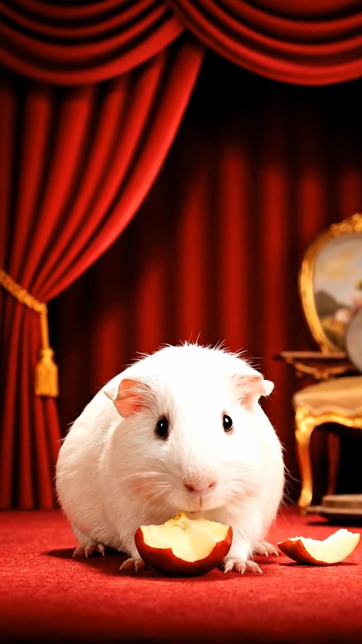 2022. Realistic depiction of 1 smooth-haired Abyssinian guinea pig with white fur, munching on apple cores, on a lavish theater stage wing with velvet curtains and props.