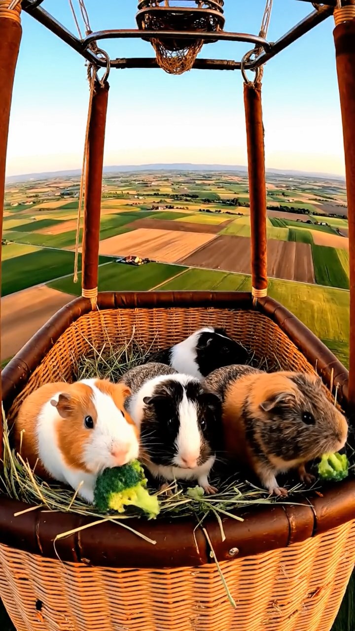 2023. Detailed photo of 4 smooth-haired Peruvian guinea pigs featuring orange, gray, and black coats, sharing broccoli florets, inside a soaring balloon basket over patchwork farmlands.
