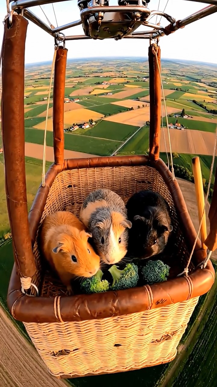 2023. Detailed photo of 4 smooth-haired Peruvian guinea pigs featuring orange, gray, and black coats, sharing broccoli florets, inside a soaring balloon basket over patchwork farmlands.